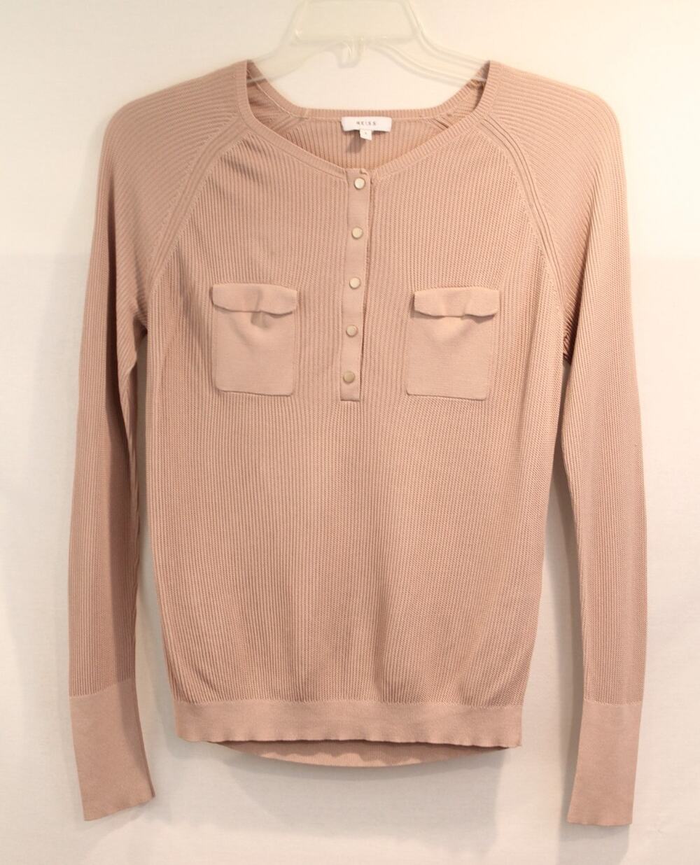 Reiss Samie Lightweight Grandad Ribbed Top Womens size L Mauve Henley Snap Up